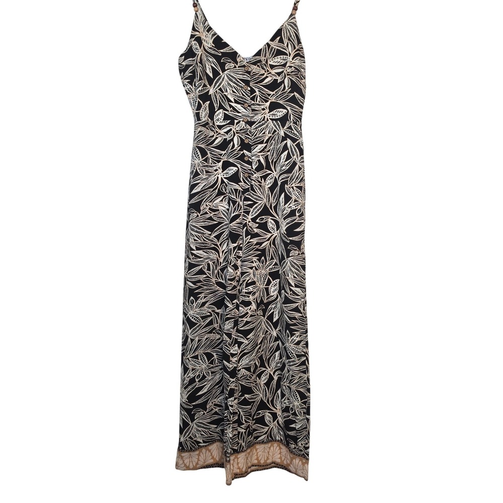 Zara Jumpsuit Small Black Tropical Leaf Print Button Front Wide Leg Summer Boho